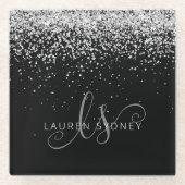 Glam Black Silver Glitter Monogram Naam Glazen Onderzetter (Voorkant)