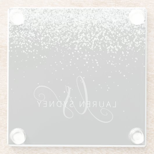 Glam Black Silver Glitter Monogram Naam Glazen Onderzetter (Achterkant)