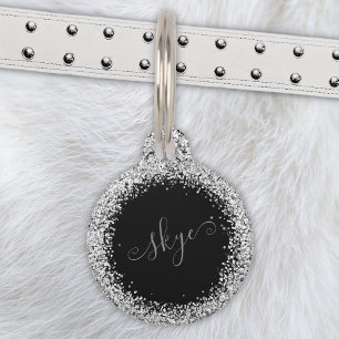 Glam Black Silver Glitter Monogram Naam Huisdierpenning