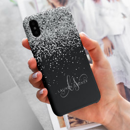 Glam Black Silver Glitter Monogram Naam iPhone 13 Hoesje