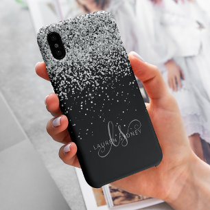Glam Black Silver Glitter Monogram Naam iPhone 13 Hoesje