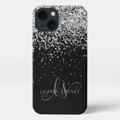 Glam Black Silver Glitter Monogram Naam iPhone Hoesje (Achterkant)