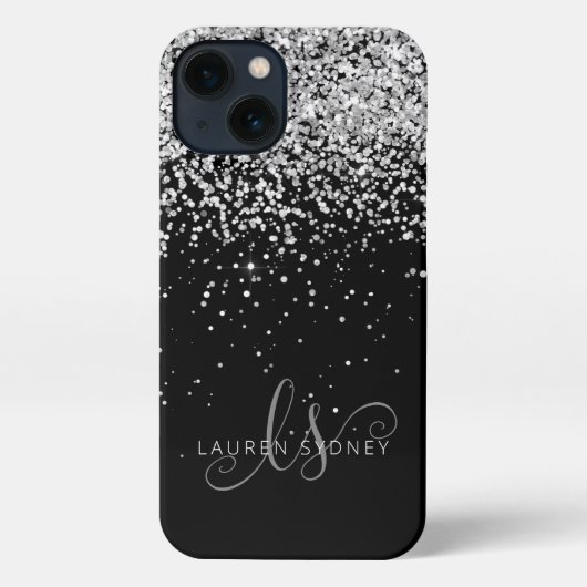 Glam Black Silver Glitter Monogram Naam iPhone Hoesje (Achterkant)