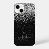 Glam Black Silver Glitter Monogram Naam iPhone Hoesje (Achterkant)