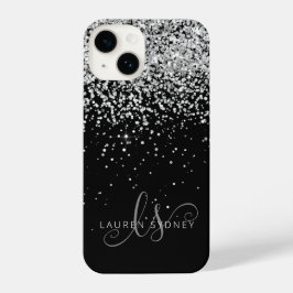 Glam Black Silver Glitter Monogram Naam iPhone 14 Hoesje