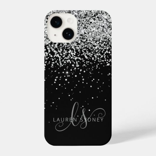 Glam Black Silver Glitter Monogram Naam iPhone Hoesje (Achterkant)