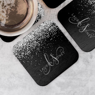 Glam Black Silver Glitter Monogram Naam Kartonnen Onderzetters