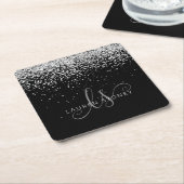Glam Black Silver Glitter Monogram Naam Kartonnen Onderzetters (Schuin)