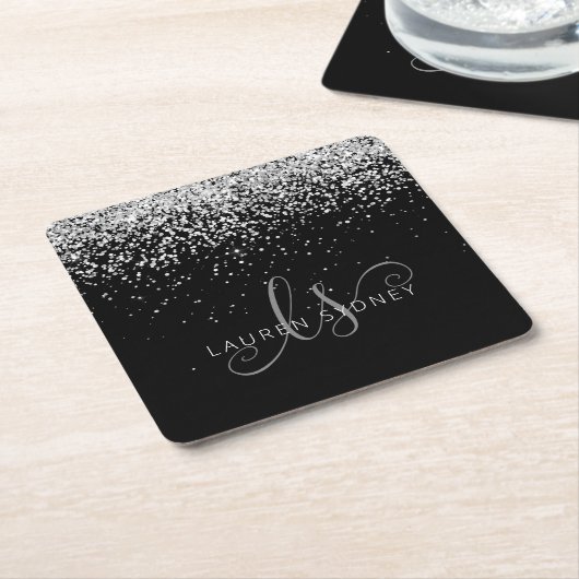 Glam Black Silver Glitter Monogram Naam Kartonnen Onderzetters (Schuin)