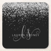 Glam Black Silver Glitter Monogram Naam Kartonnen Onderzetters (Voorkant)