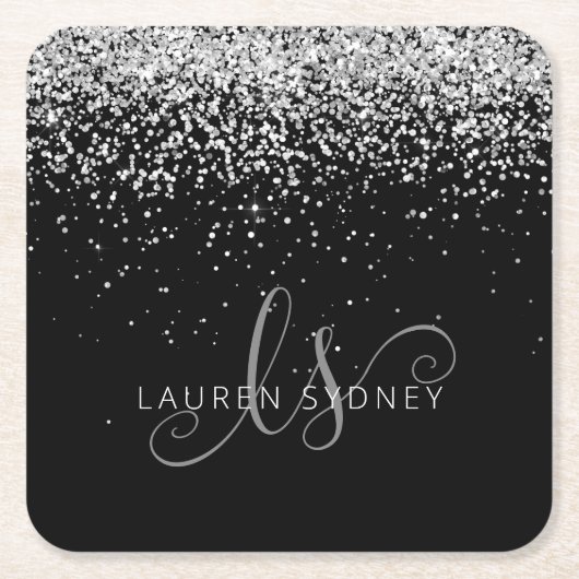 Glam Black Silver Glitter Monogram Naam Kartonnen Onderzetters (Voorkant)
