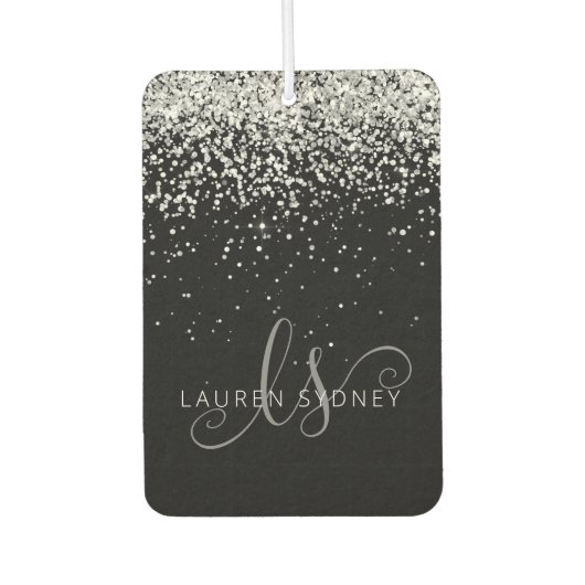 Glam Black Silver Glitter Monogram Naam Luchtverfrisser (Voorkant)
