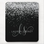 Glam Black Silver Glitter Monogram Naam Muismat (Voorkant)