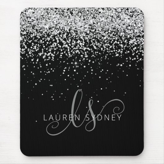 Glam Black Silver Glitter Monogram Naam Muismat (Voorkant)