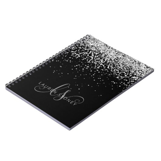 Glam Black Silver Glitter Monogram Naam Notitieboek (Linkerzijde)