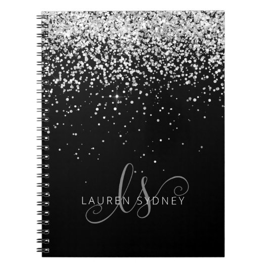 Glam Black Silver Glitter Monogram Naam Notitieboek (Voorkant)