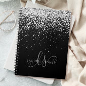 Glam Black Silver Glitter Monogram Naam Notitieboek