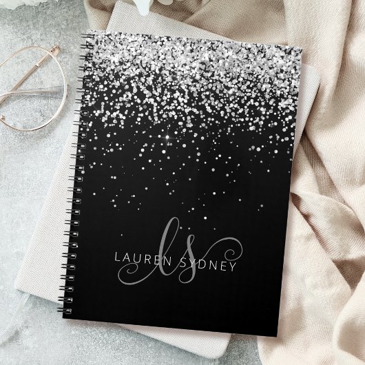 Glam Black Silver Glitter Monogram Naam Notitieboek