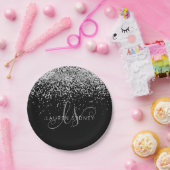 Glam Black Silver Glitter Monogram Naam Papieren Bordje (Feest)