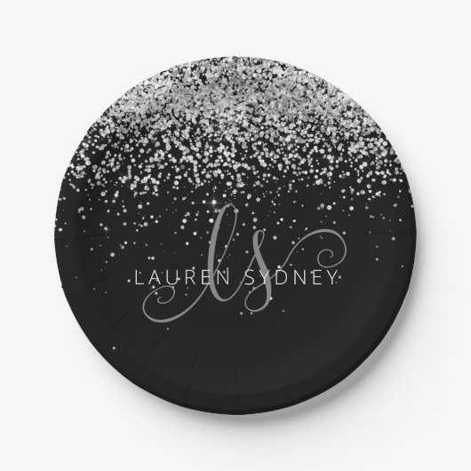 Glam Black Silver Glitter Monogram Naam Papieren Bordje (Voorkant)