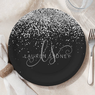 Glam Black Silver Glitter Monogram Naam Papieren Bordje