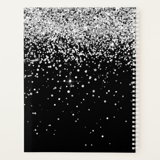 Glam Black Silver Glitter Monogram Naam Planner (Achterkant)