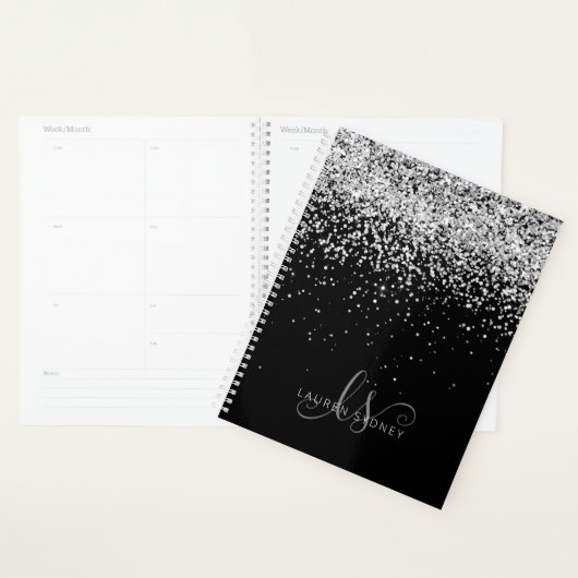 Glam Black Silver Glitter Monogram Naam Planner (Display)