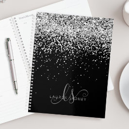 Glam Black Silver Glitter Monogram Naam Planner