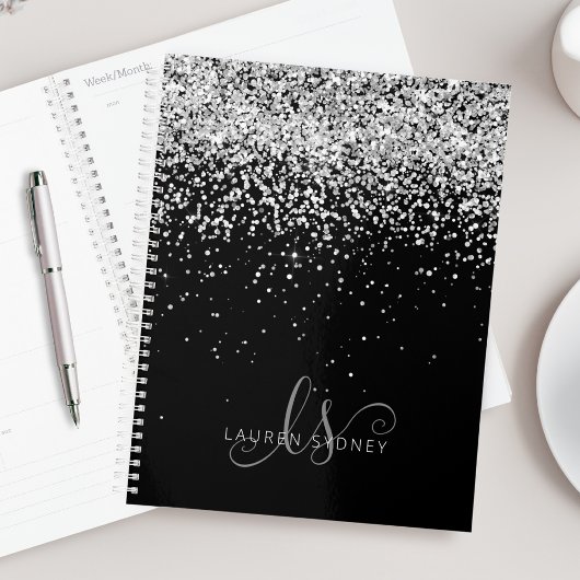 Glam Black Silver Glitter Monogram Naam Planner