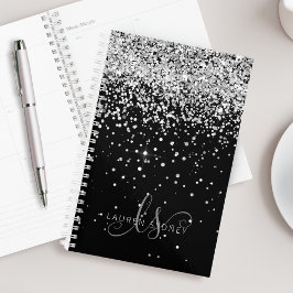 Glam Black Silver Glitter Monogram Naam Planner