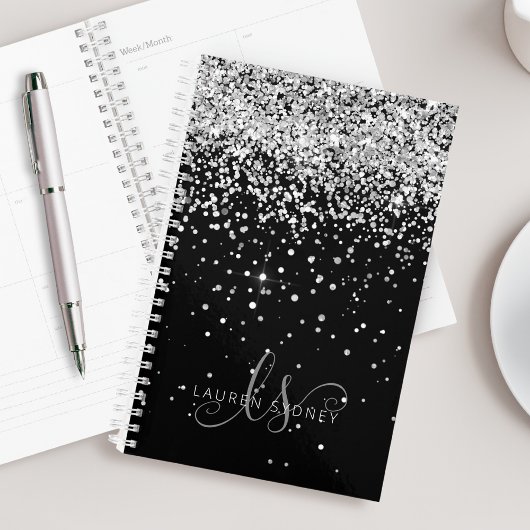 Glam Black Silver Glitter Monogram Naam Planner