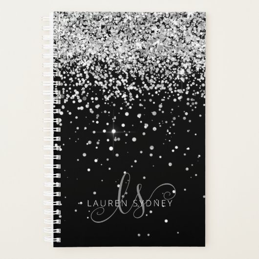 Glam Black Silver Glitter Monogram Naam Planner (Voorkant)