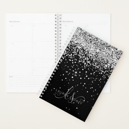 Glam Black Silver Glitter Monogram Naam Planner (Display)