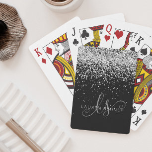 Glam Black Silver Glitter Monogram Naam Pokerkaarten