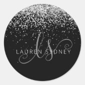 Glam Black Silver Glitter Monogram Naam Ronde Sticker (Voorkant)