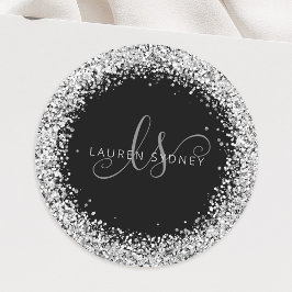 Glam Black Silver Glitter Monogram Naam Ronde Sticker