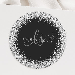 Glam Black Silver Glitter Monogram Naam Ronde Sticker