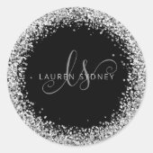Glam Black Silver Glitter Monogram Naam Ronde Sticker (Voorkant)