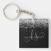 Glam Black Silver Glitter Monogram Naam Sleutelhanger (voorkant)