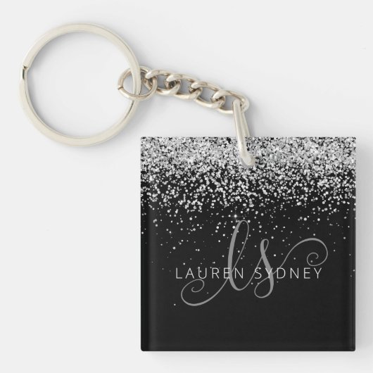 Glam Black Silver Glitter Monogram Naam Sleutelhanger (voorkant)