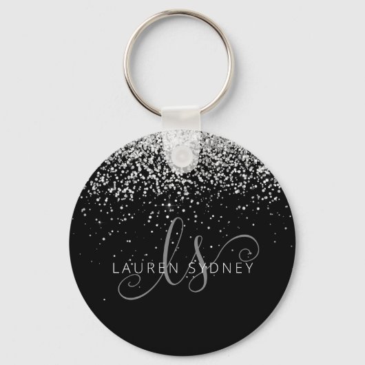 Glam Black Silver Glitter Monogram Naam Sleutelhanger (Voorkant)