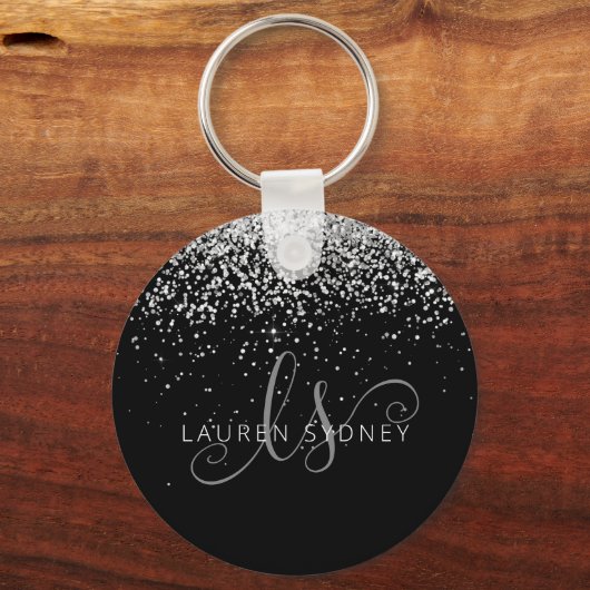 Glam Black Silver Glitter Monogram Naam Sleutelhanger (Voorkant)