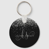 Glam Black Silver Glitter Monogram Naam Sleutelhanger (Achterkant)