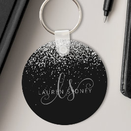 Glam Black Silver Glitter Monogram Naam Sleutelhanger