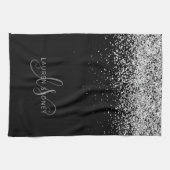Glam Black Silver Glitter Monogram Naam Theedoek (Horizontaal)