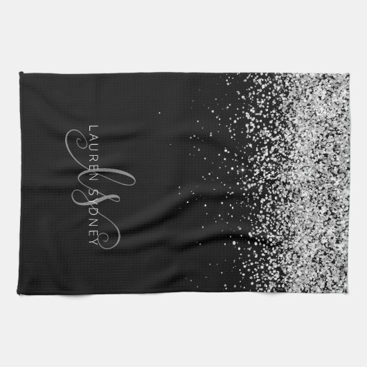 Glam Black Silver Glitter Monogram Naam Theedoek (Horizontaal)