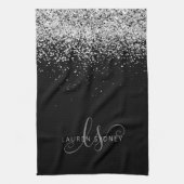 Glam Black Silver Glitter Monogram Naam Theedoek (Verticaal)