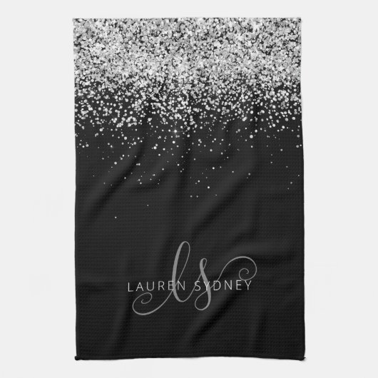 Glam Black Silver Glitter Monogram Naam Theedoek (Verticaal)