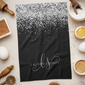 Glam Black Silver Glitter Monogram Naam Theedoek