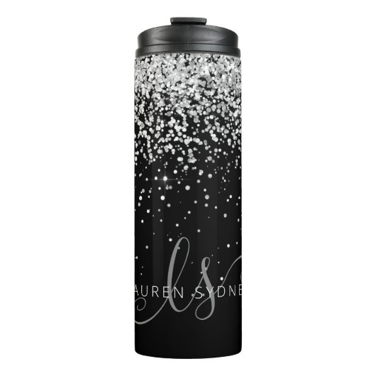 Glam Black Silver Glitter Monogram Naam Thermosbeker (Voorkant)